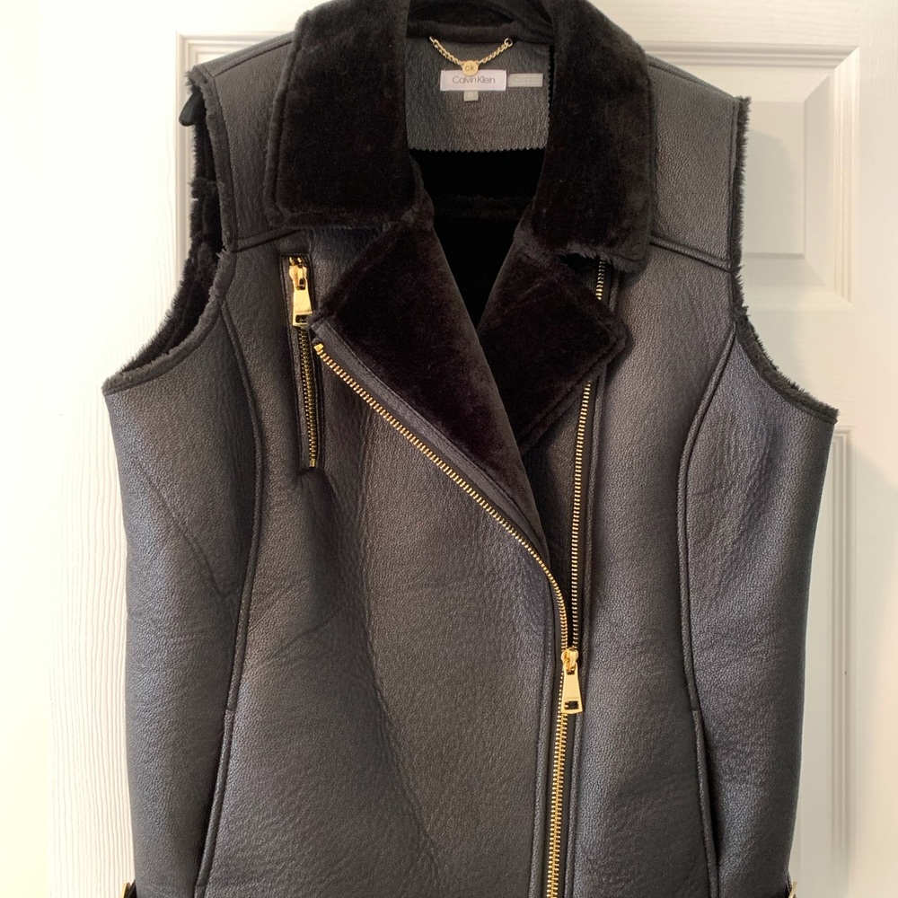 Calvin Klein Black Asymmetrical Vest with Faux Fur Collar